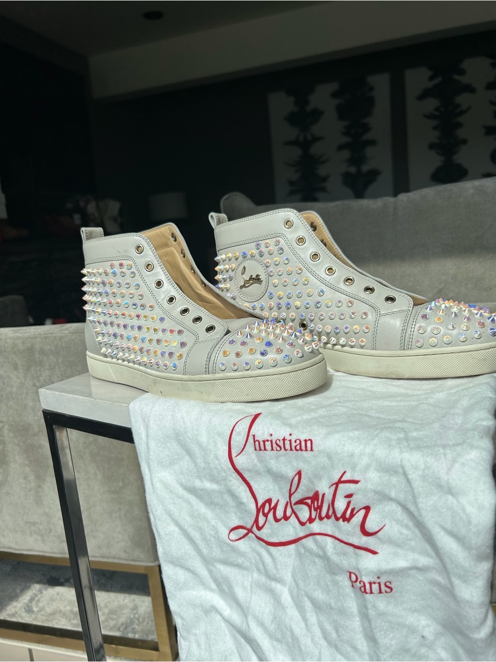 Christian Louboutin Ivory High-Top Sneakers with Iridescent Studs